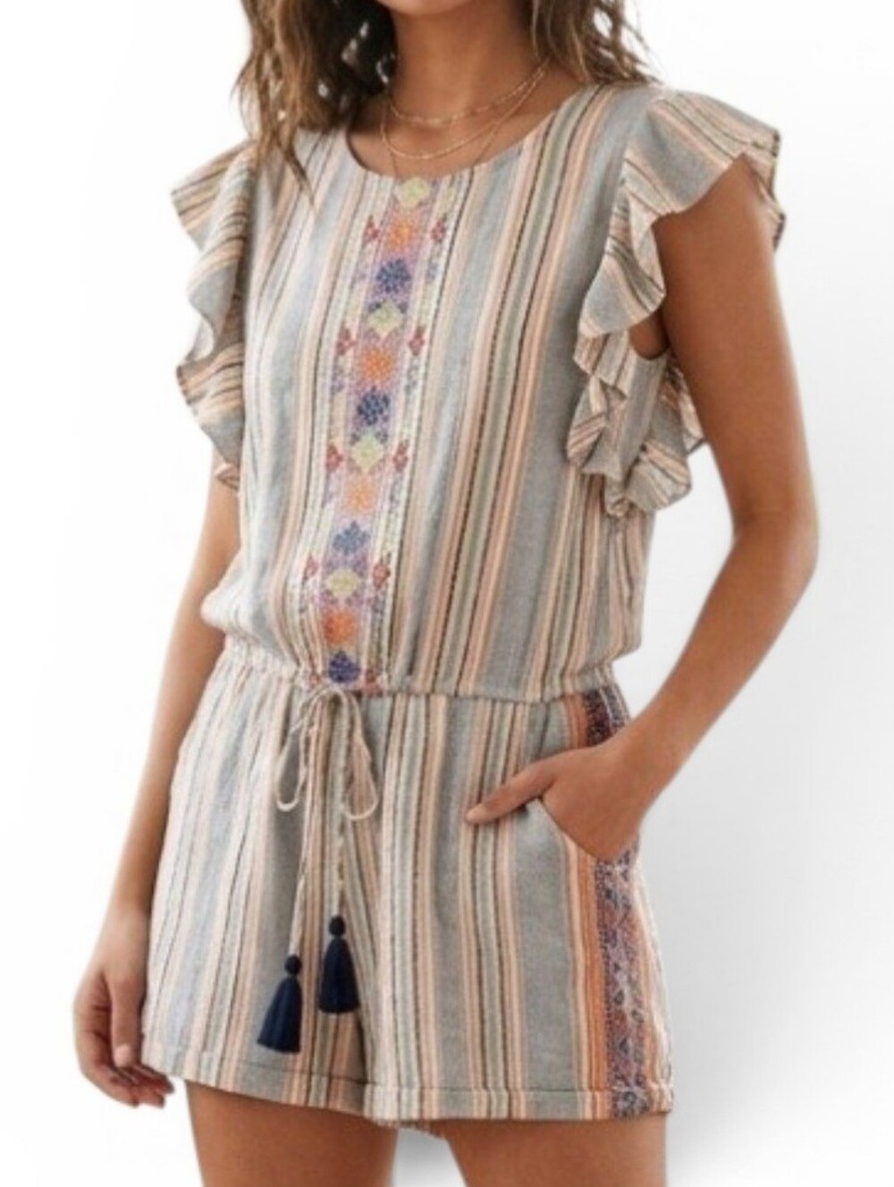 Thml Embroidered Romper Size Medium Boho Stripes